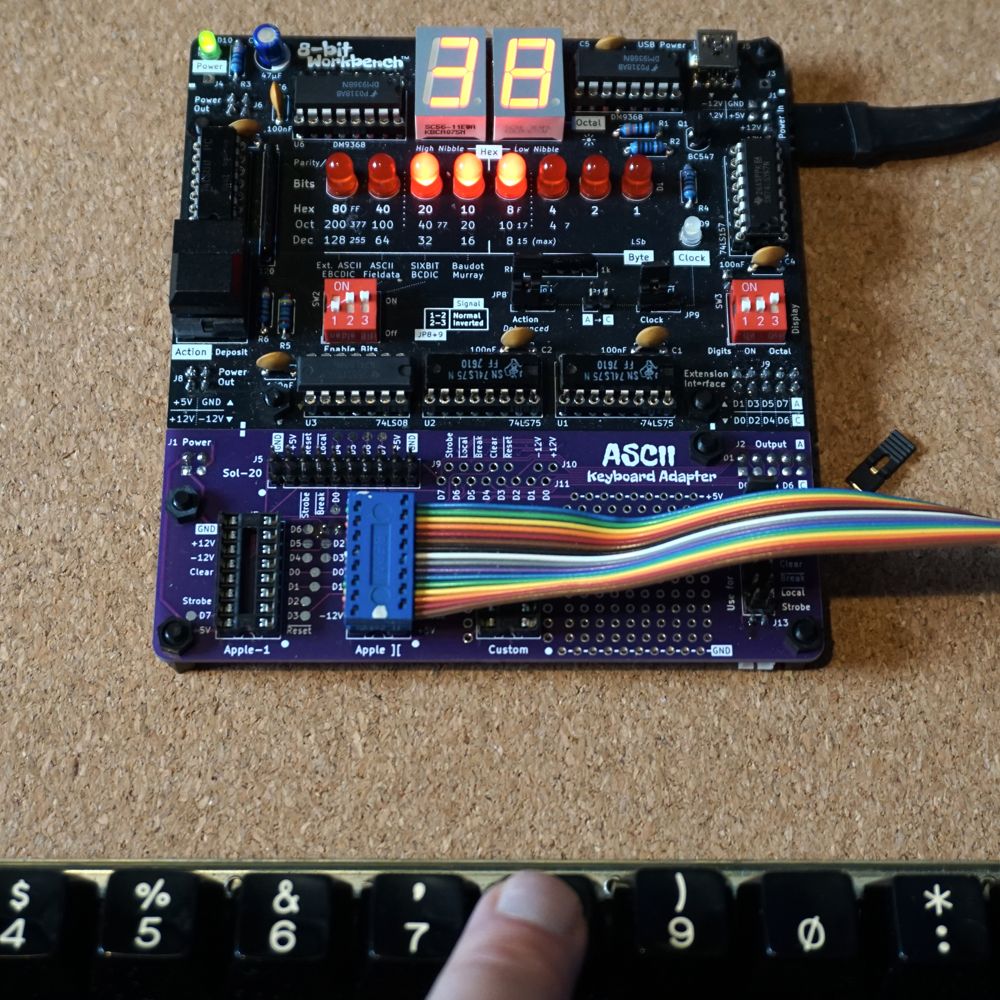ASCII Keyboard Adapter connected to an 8-bit Workbench testing an Apple 2 keyboard