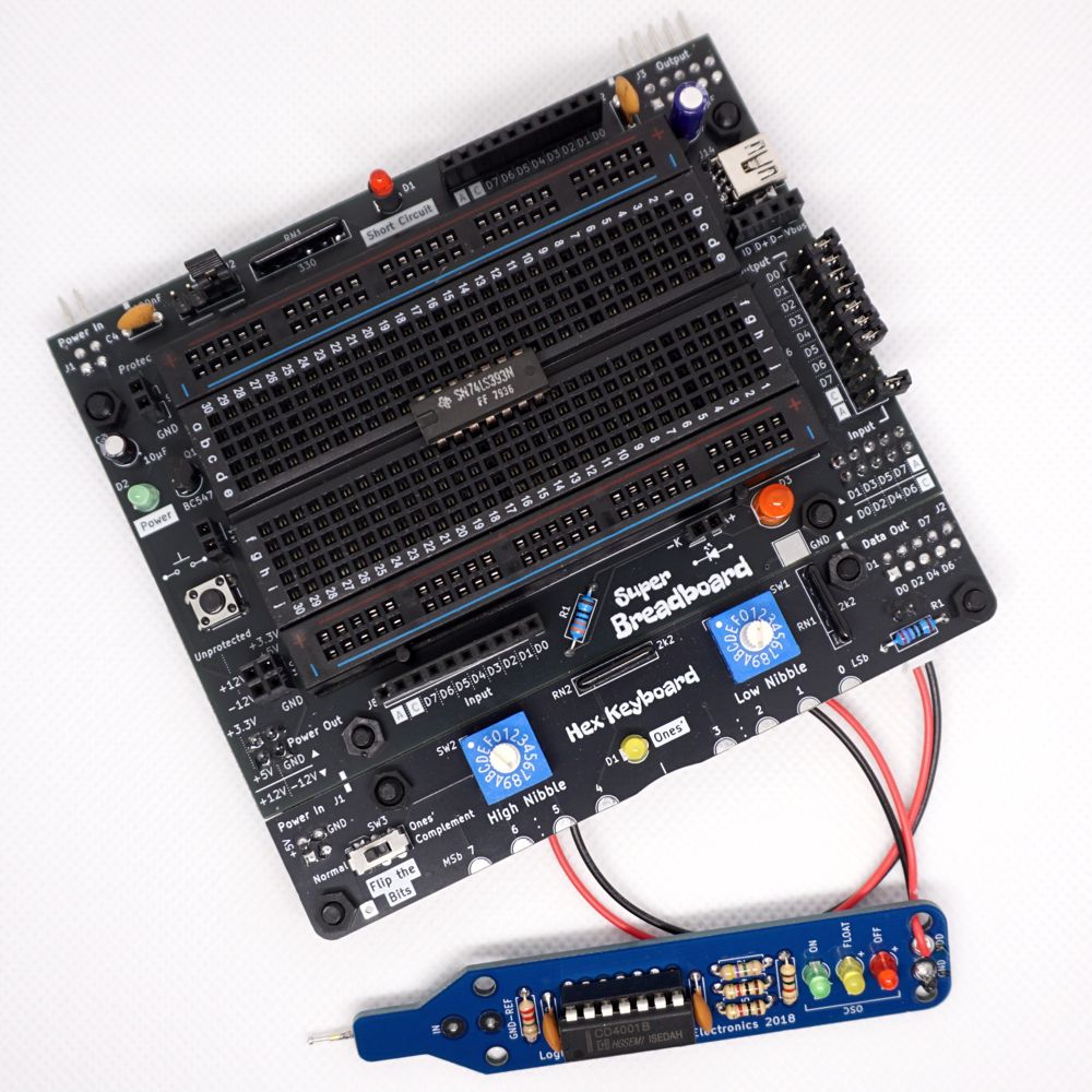 Front view of the Hex Keyboard, Logic Probe and Super Breadboard