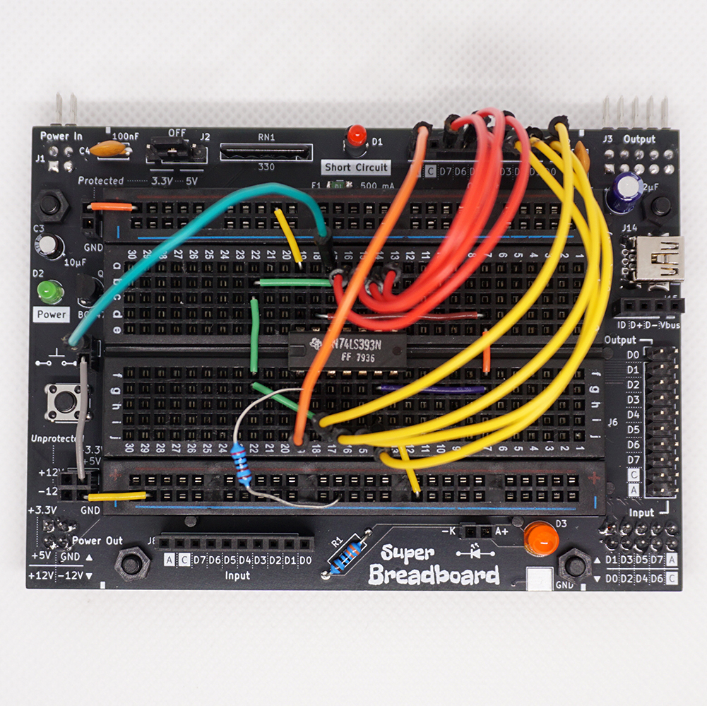 An 8-bit counter wired on the Super Breadboard
