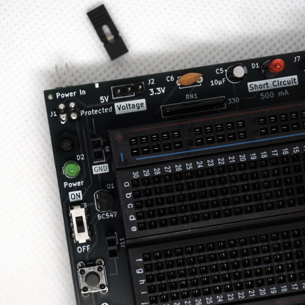 Use +3.3V or +5V, both short circuit protected. Power it ON or OFF using the slide switch